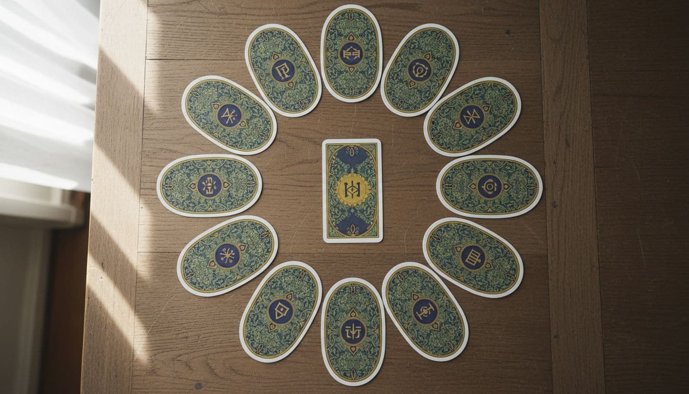 A top-down view of a simple tarot card spread on a wooden table, featuring twelve cards in a circle for the months around one central card for the year 2026, in realistic style with soft natural light.