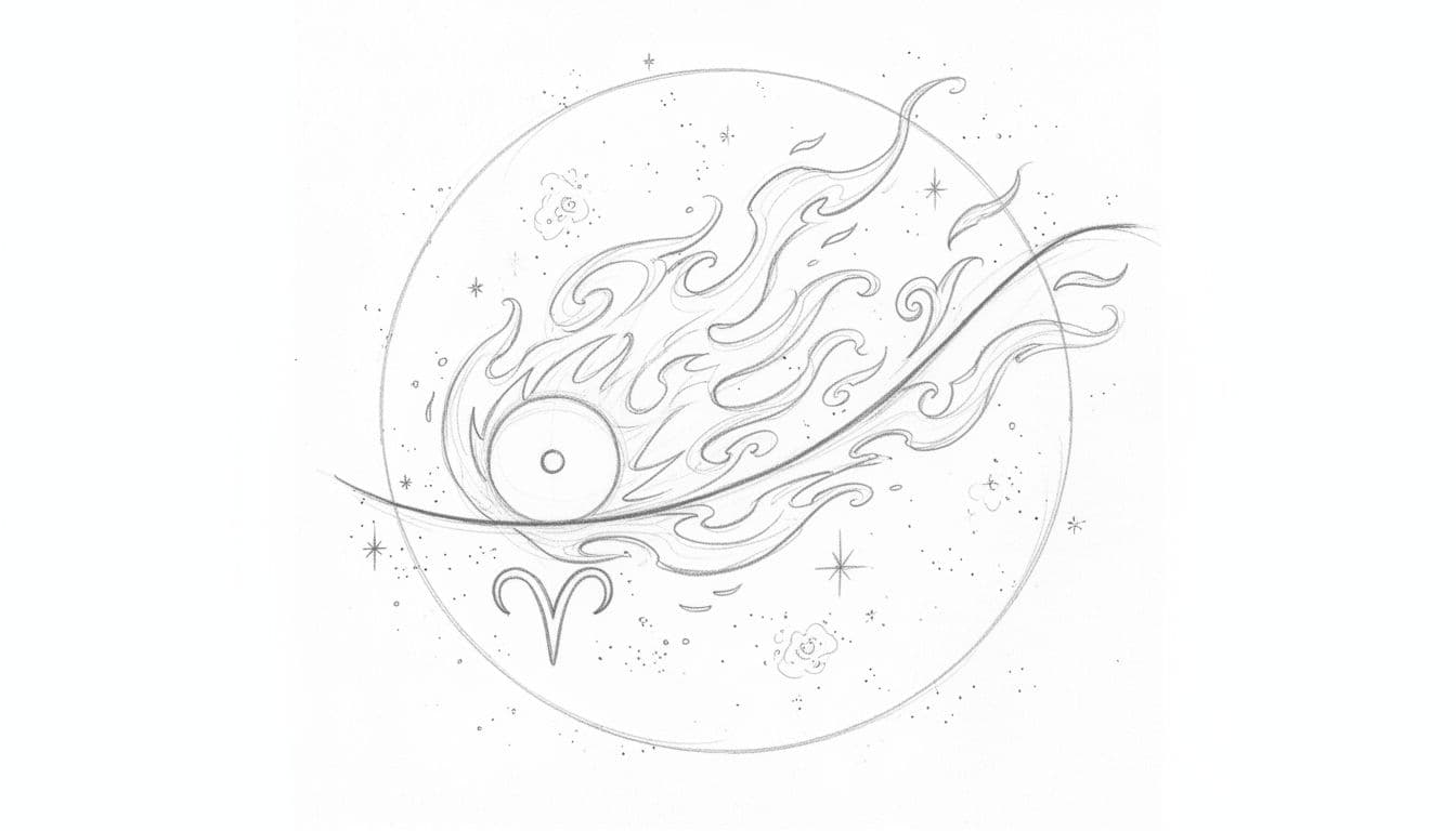 Hand-drawn graphite sketch of the Sun on the ecliptic transitioning into the Aries sign, with the Aries glyph in the foreground, surrounding flames, starry background, and light shading on white paper.
