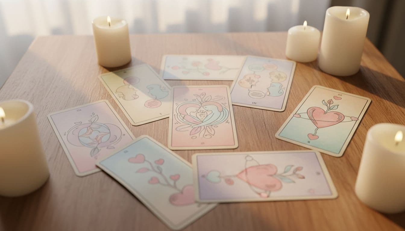 Tarot cards arranged on a table symbolizing relationships with hearts, couples, and communication motifs like two figures talking, in soft pastel lighting, intimate candlelit setting, realistic top-down view, serene atmosphere.