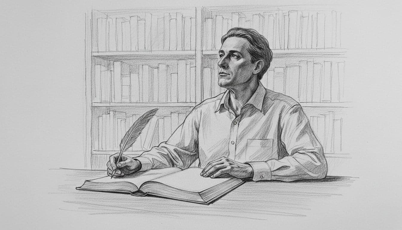 Hand-drawn graphite sketch of a pensive genius silhouette at a wooden desk with an open book and pen in hand, gazing into the distance, bookshelves in background on light gray paper.