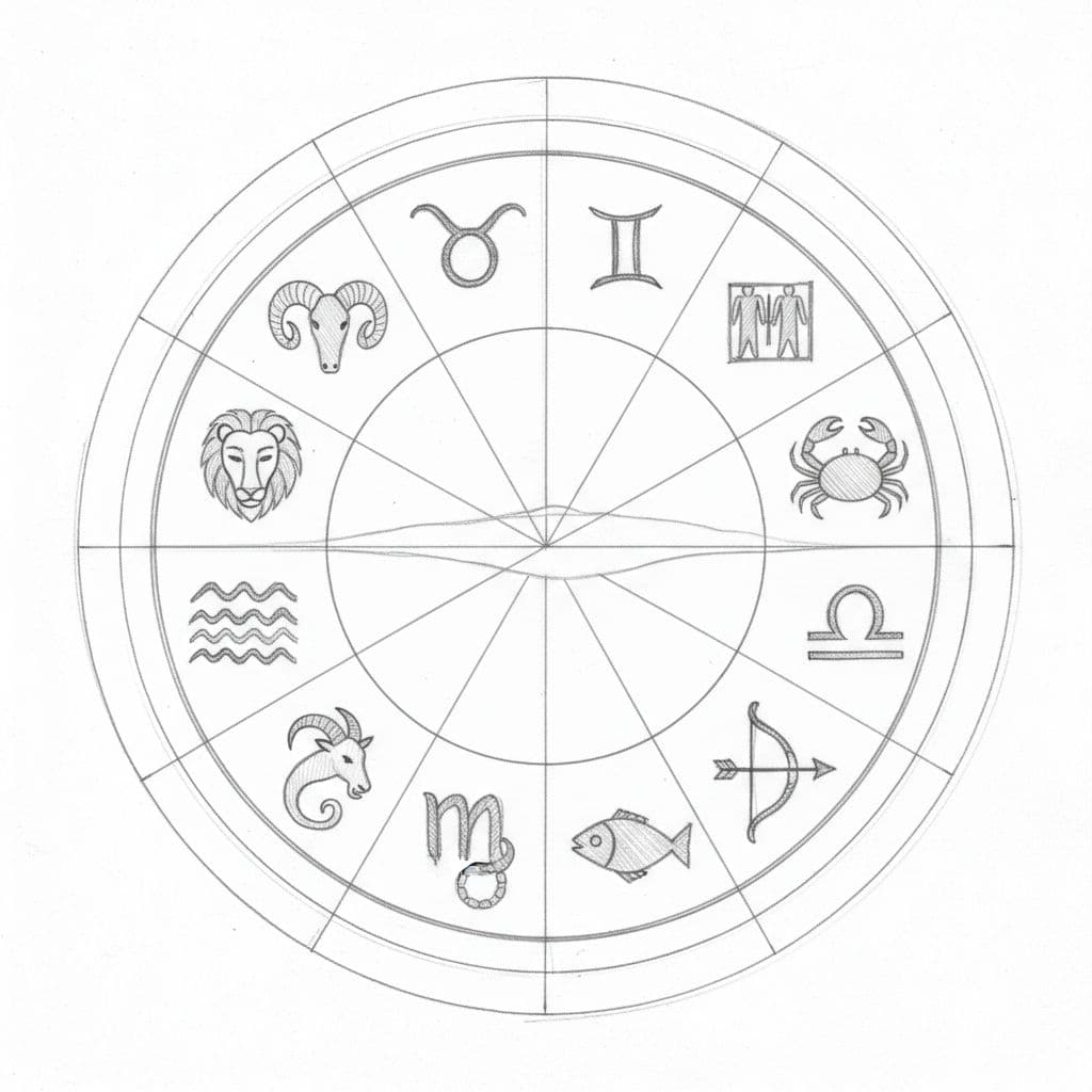 Traditional zodiac wheel divided into twelve equal sections featuring simple symbolic icons for signs like ram, bull, crab, and scales in ancient glyph style, hand-drawn graphite sketch with light shading on clean white background.