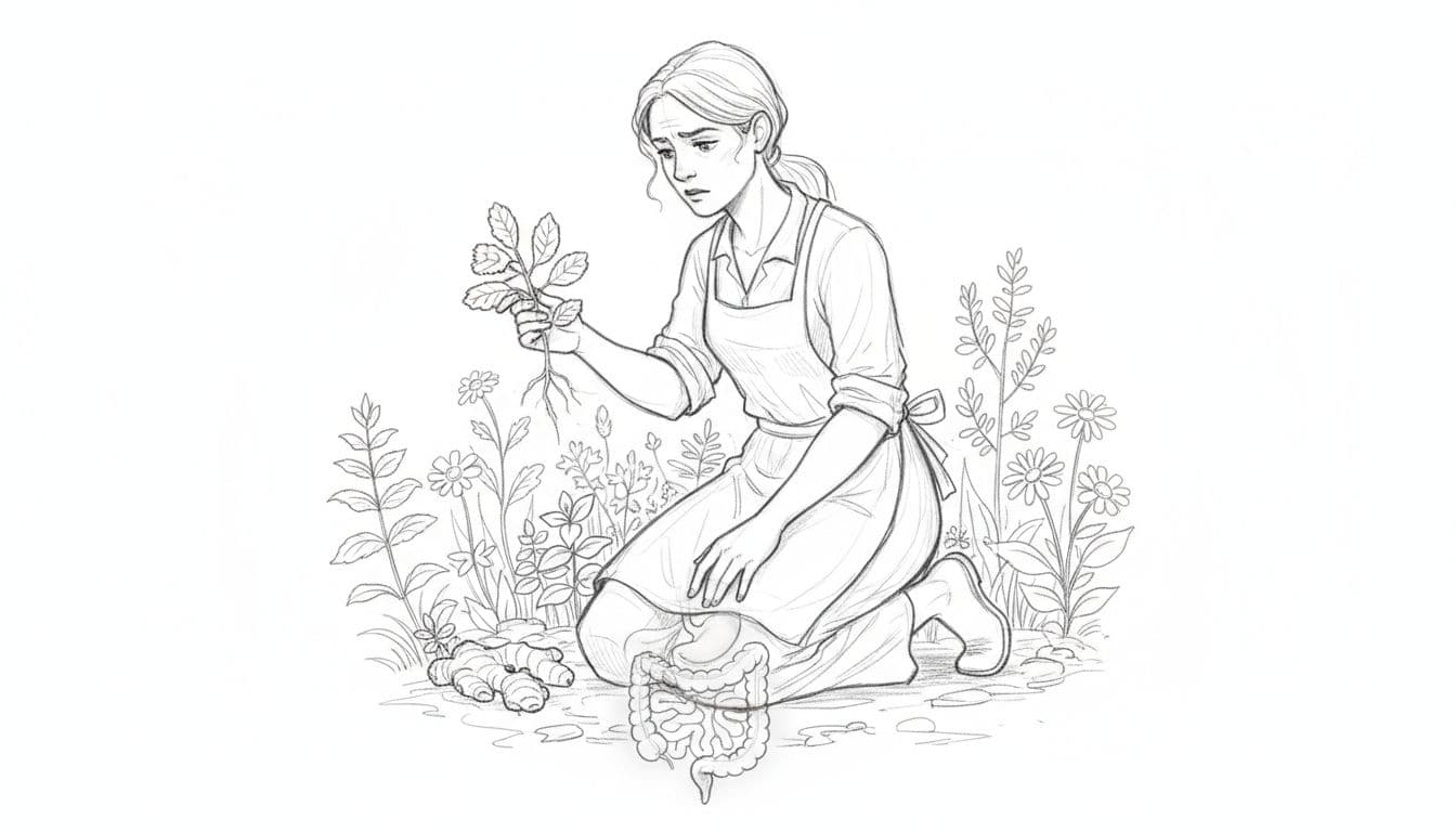 Hand-drawn sketch of a single Virgo figure in a practical garden pose, examining herbs with intestinal concerns, featuring graphite lines, light shading, and a clean white background.