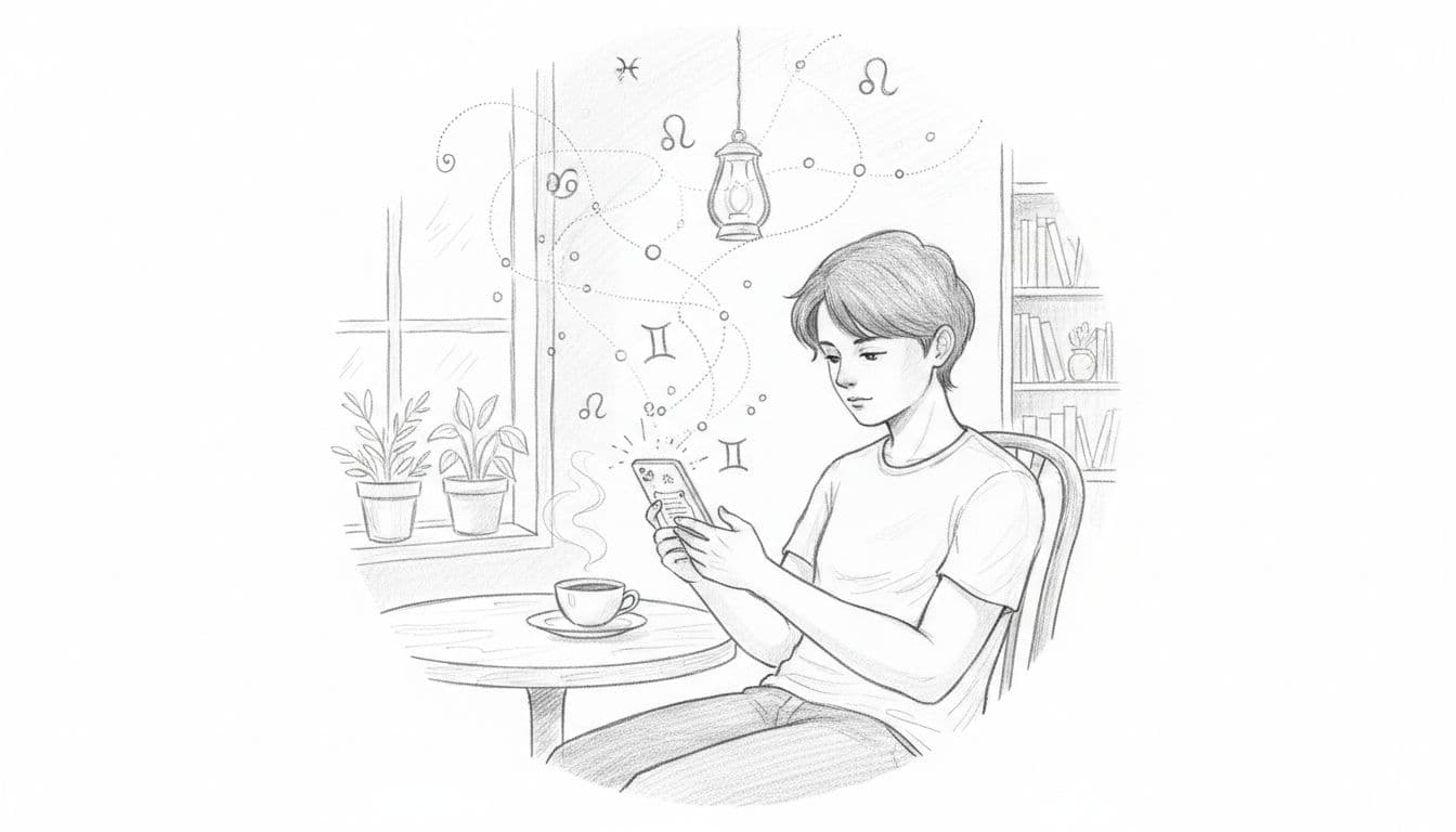 Hand-drawn sketch of a young person sitting relaxed at a cafe table, reading their daily horoscope on a phone, with faint stars and zodiac symbols in the sky above, cozy atmosphere.
