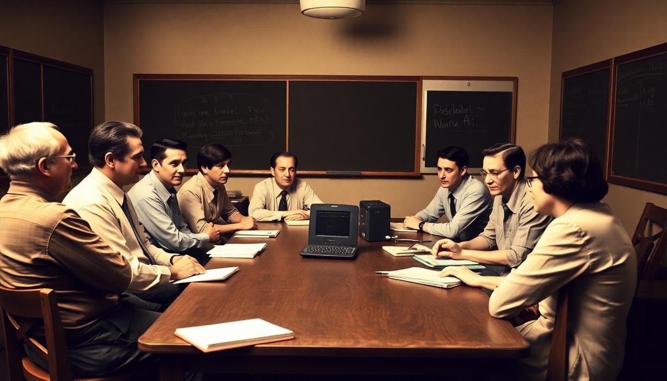 Researchers debate ideas at the 1956 Dartmouth AI conference, sketched in warm sepia with chalkboards and notebooks. Image created with AI.