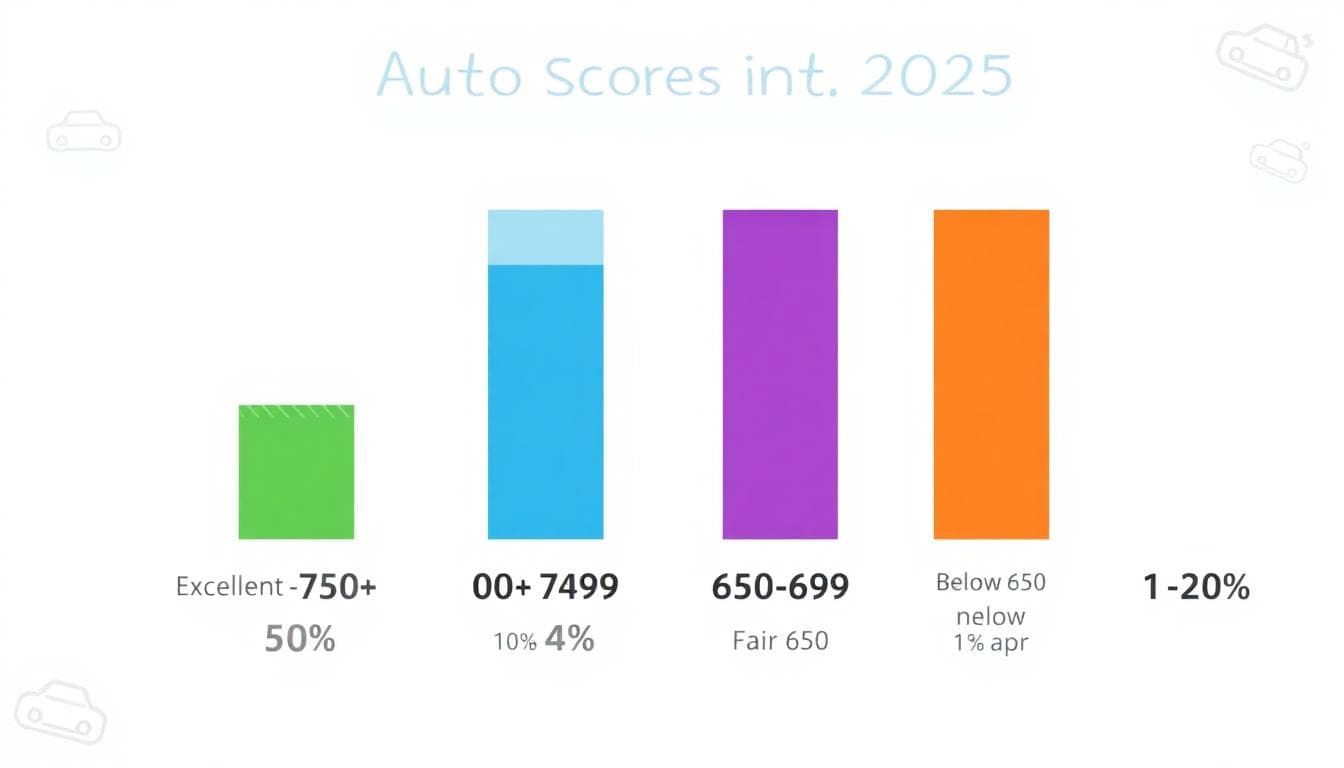 Colorful infographic with bars for Excellent, Good, Fair, and Poor credit score tiers and example APR ranges for 2025 auto loans, with a road and car graphic backdrop. Image created with AI