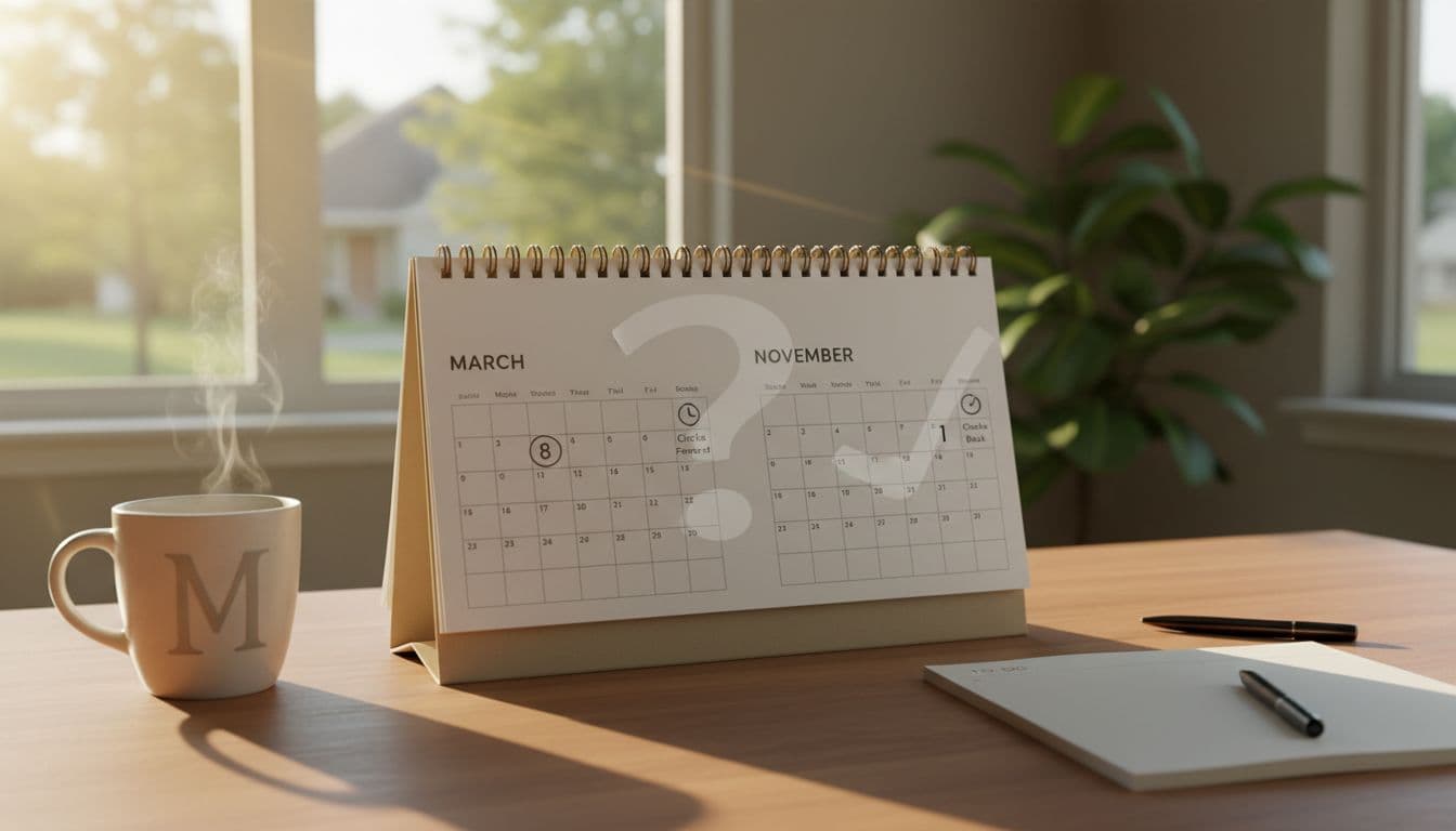 A detailed 2026 calendar page showing March and November with daylight savings dates March 8 and November 1 marked by clock icons, overlaid with a fading question mark turning into a checkmark, set on an American suburban home desk with coffee mug, notepad, and warm morning light.