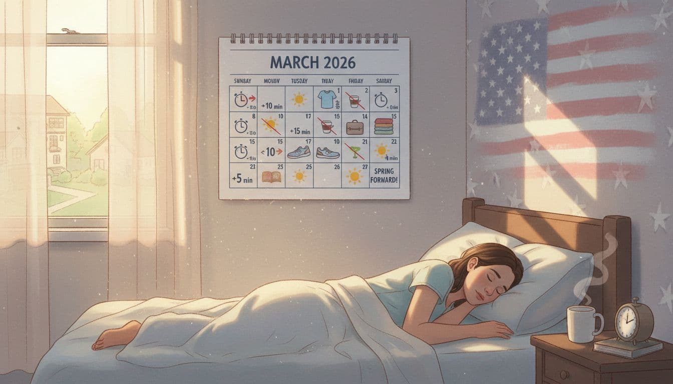 Detailed illustration of a wall calendar for March 1-8, 2026, featuring a 7-day plan for Daylight Saving Time spring forward with icons for clock adjustments, morning light, evening habits, and relaxed scheduling. Foreground shows a cozy bedroom with a sleeping figure and sunrise light, against a suburban home with subtle American flag elements in soft pastel colors.