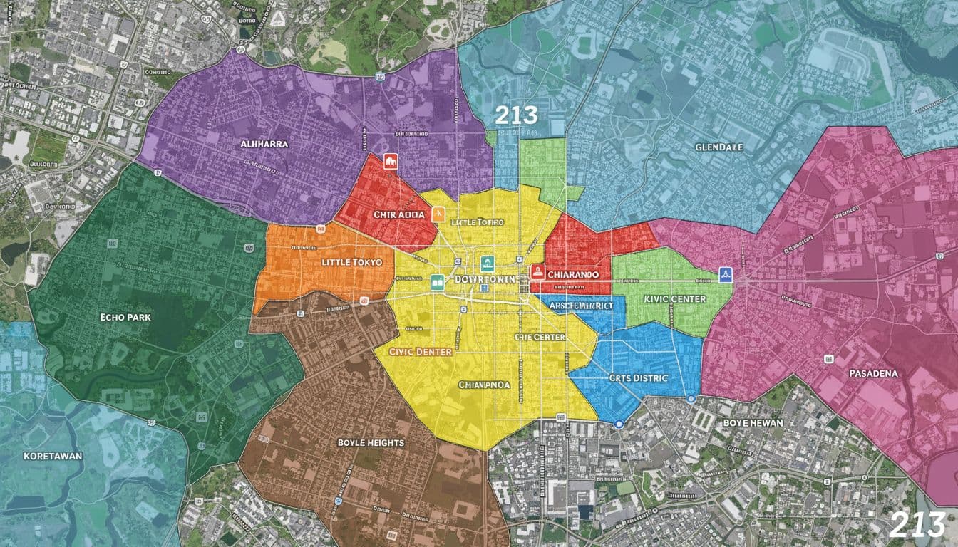Illustrated map of the 213 area code coverage in central Los Angeles, centered on Downtown LA with nearby neighborhoods highlighted.