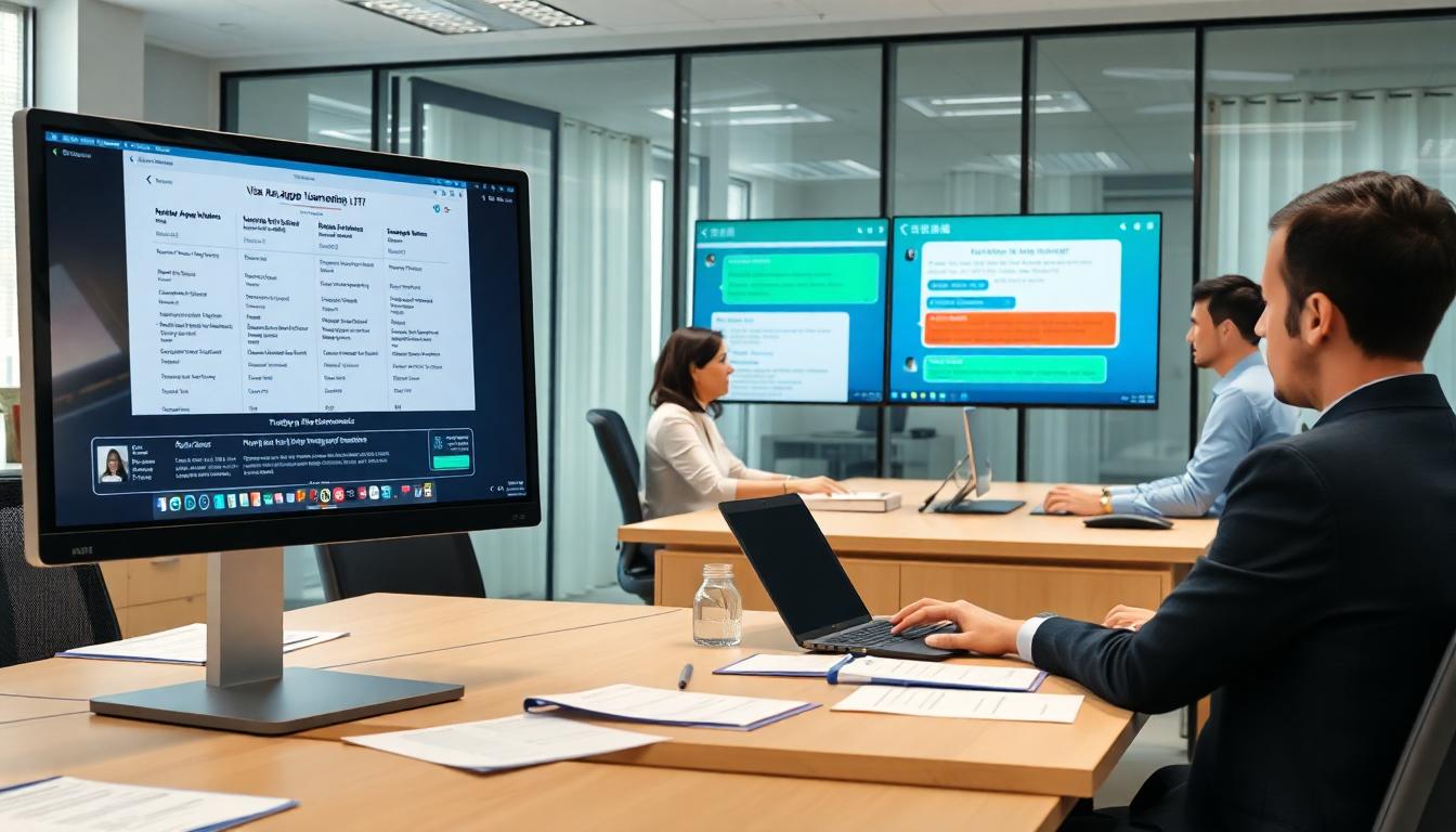 Modern consular office using AI tools to analyze forms, power chat support, and translate documents. Human staff review outputs side by side. Image created with AI.