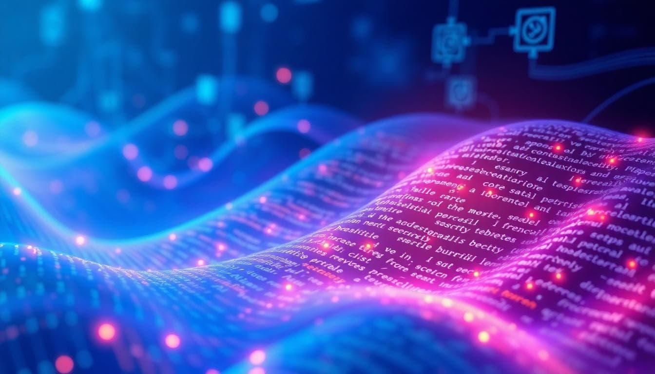 Detect AI-Generated Content (Tools + Techniques That Work) Abstract visualization of AI detection tools highlighting patterns in text streams with glowing metrics, in blues, purples, and teals. Image created with AI.