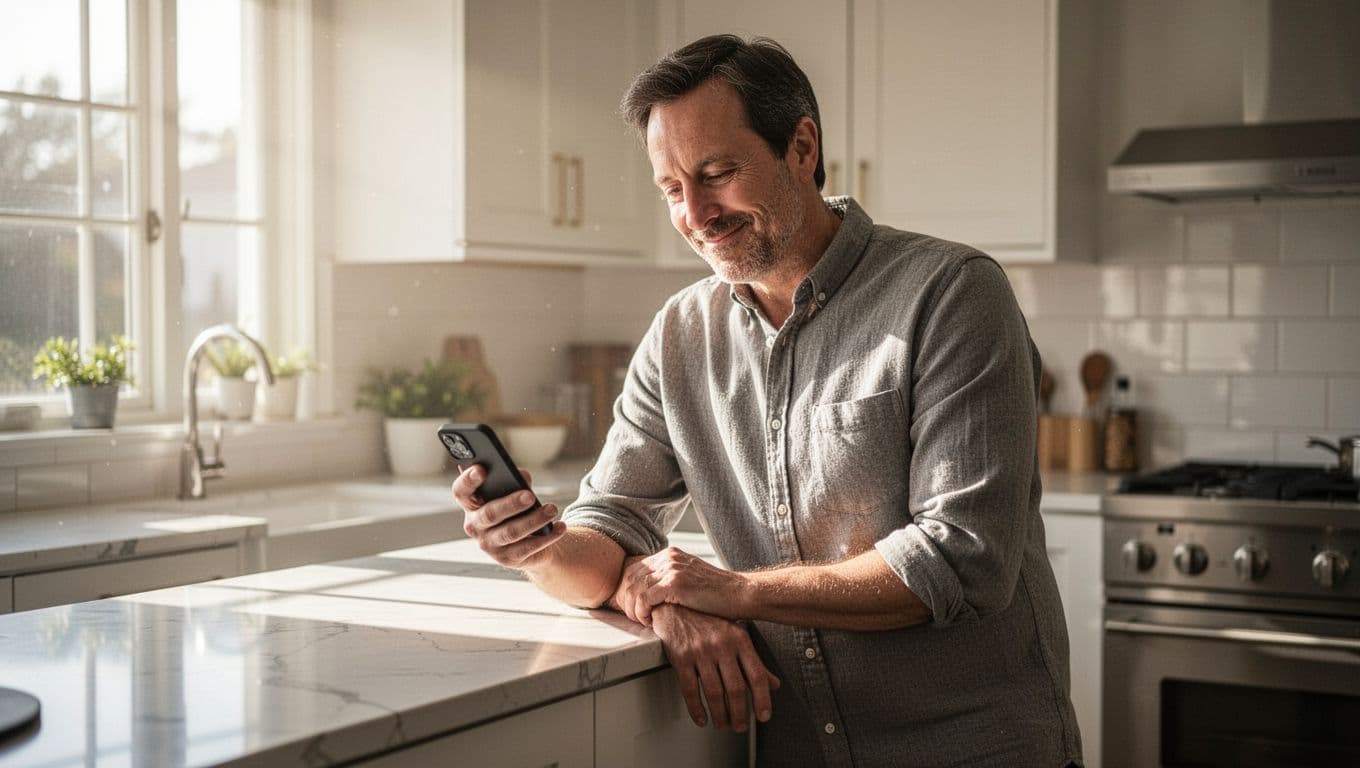 Adult leans on kitchen counter in morning light, checking mood tracker app on smartphone with subtle smile.