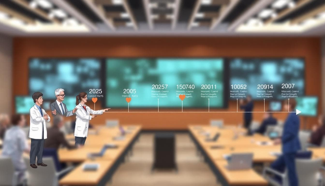 Illustration of a timeline chart with experts pointing to different AGI dates from 2025 to 2050 in a modern conference setting. Image created with AI.