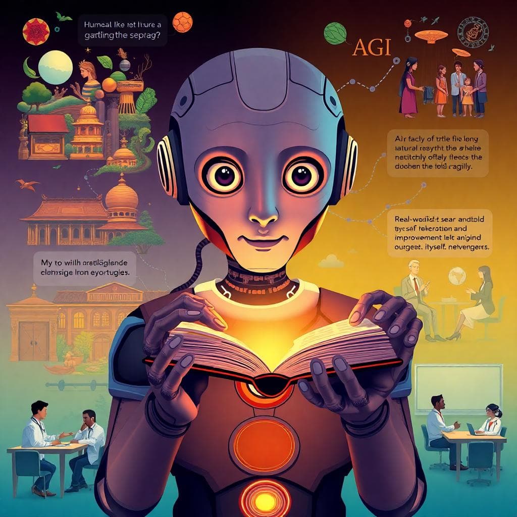 Illustration of AGI perceiving, learning from little data, conversing naturally, and self-improving across domains, with scenes of diplomacy, healthcare, and education in the background. Image created with AI.