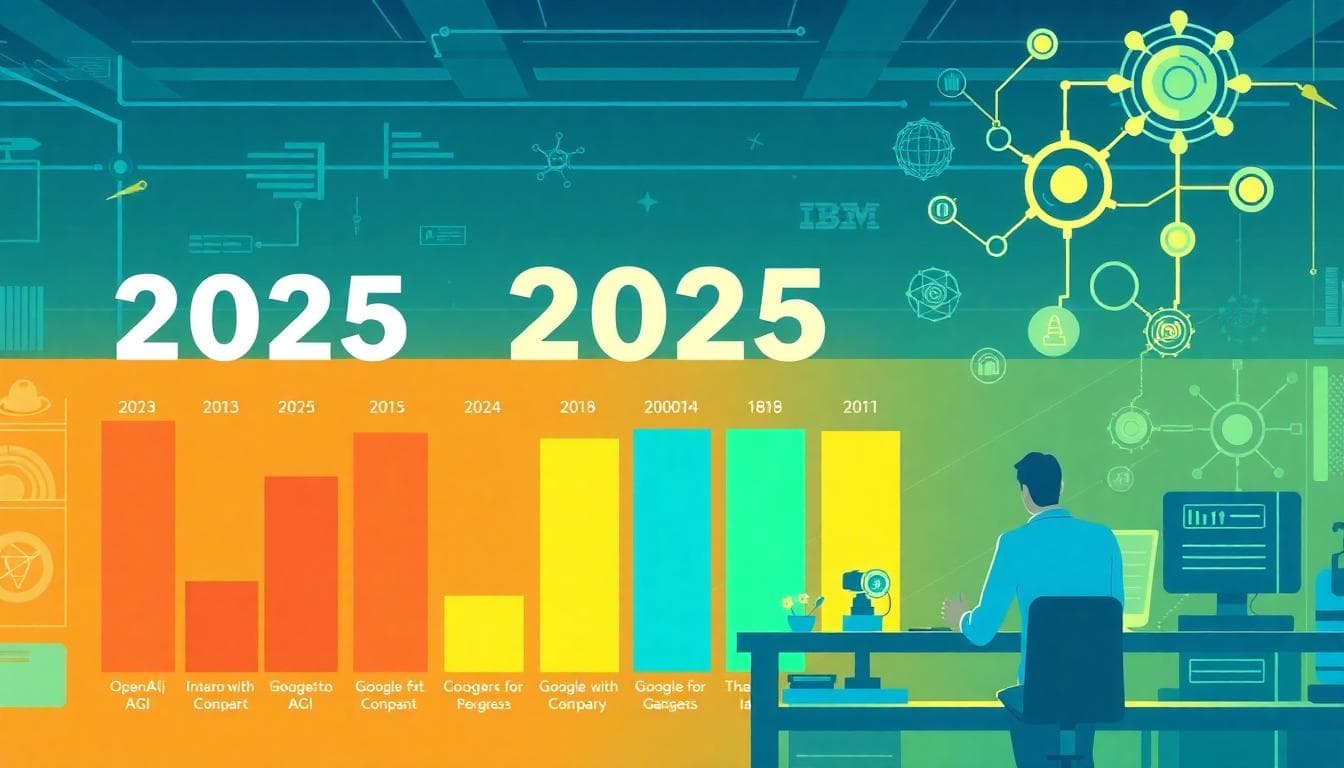 A timeline-style scene showing researchers in a modern lab tracking AGI progress across companies, with glowing neural networks and progress bars. Image created with AI.