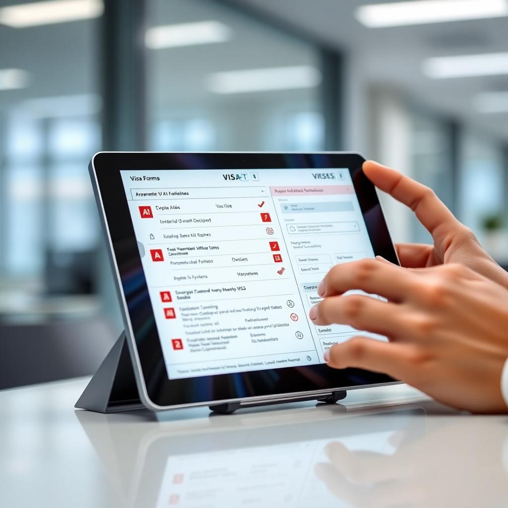 AI Consulate vs. Virtual Embassy: Why Your Passport Might Still Need a Human (and No, AI Won’t Stop You at the Border) Tablet displaying visa forms being checked by AI, with flagged errors and a staff member approving results. Image created with AI.