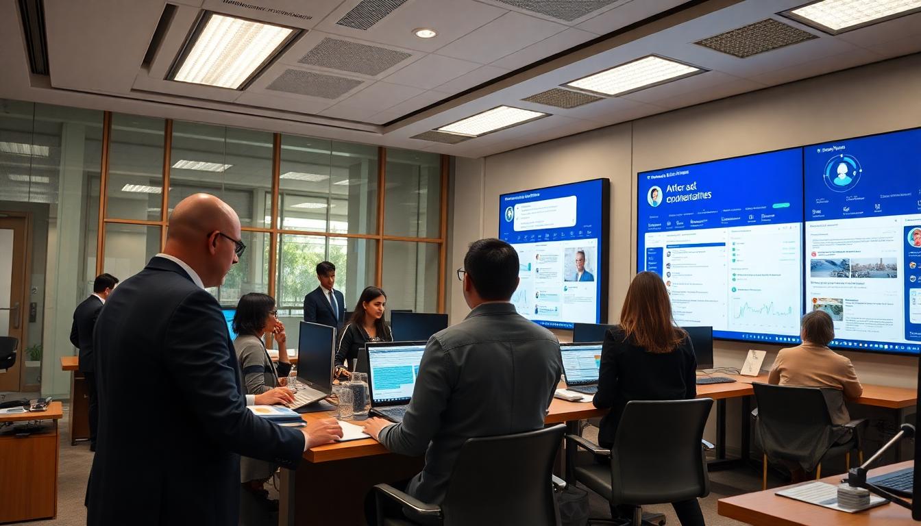 Consular officers use AI dashboards to review visa files and triage urgent cases while applicants wait in a calm, organized hall. Image created with AI.