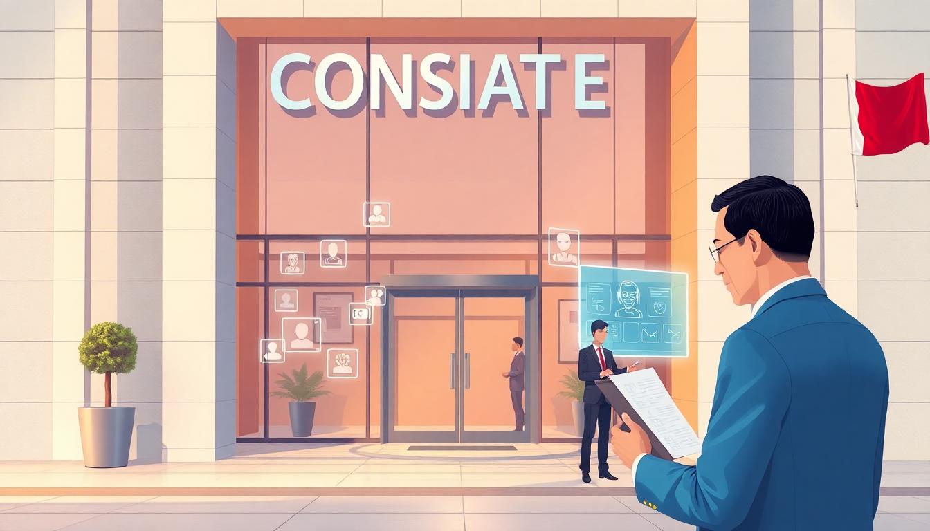 AI Consulate vs. Virtual Embassy: Why Your Passport Might Still Need a Human (and No, AI Won’t Stop You at the Border) A sleek, modern consulate with glowing digital holograms and a human officer checking documents as an AI interface assists. Bright, cinematic style. Image created with AI.