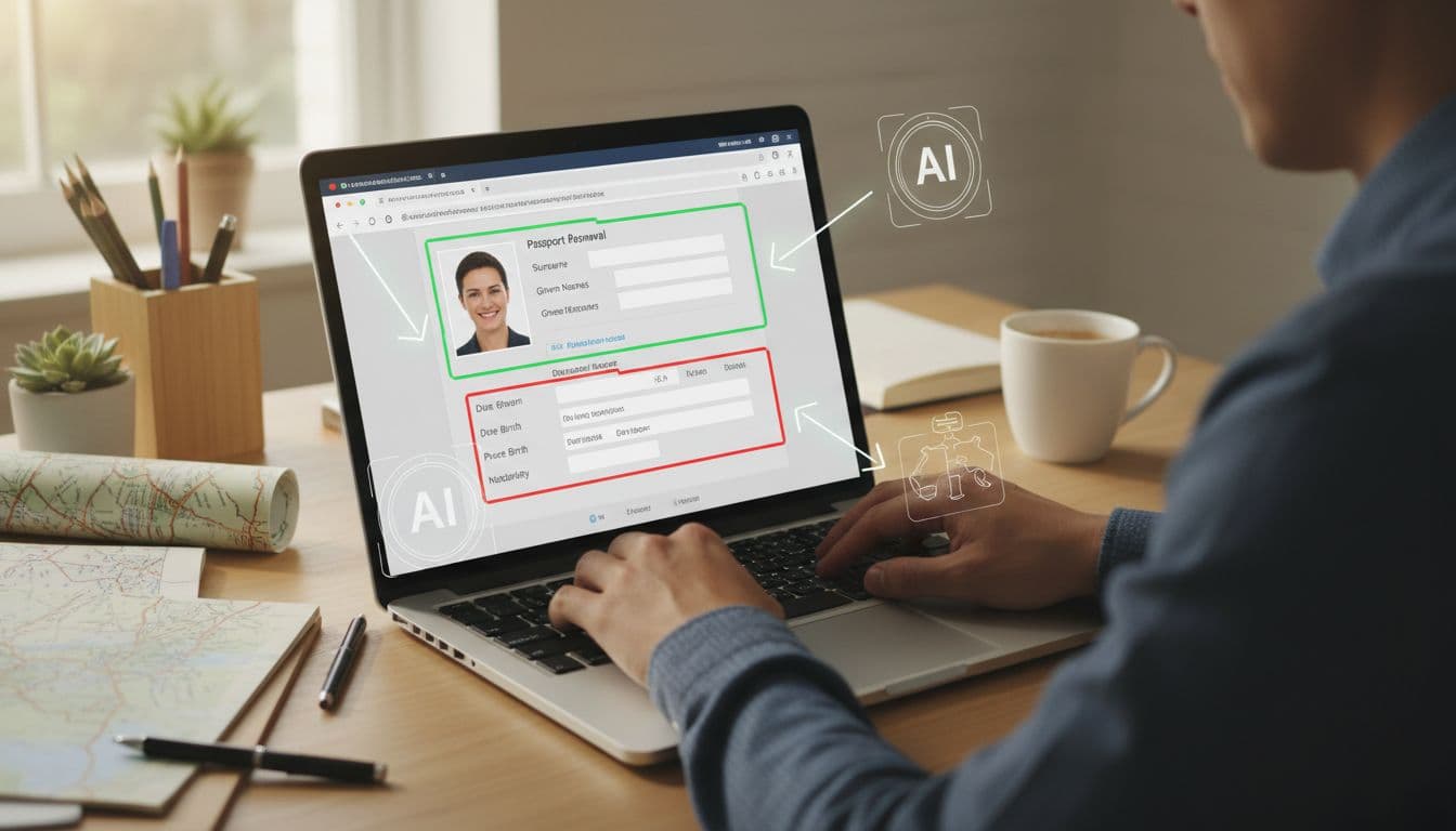 AI Consulates in Action: What You’ll Notice When You Need Help Abroad A person uploads a passport photo to an online consular form on a laptop in a cozy office desk setup with travel maps and coffee, while AI highlights missing fields in green and red under warm indoor lighting.
