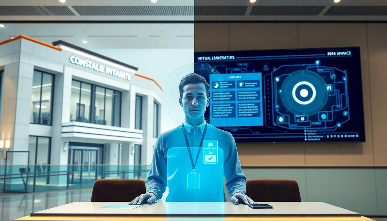 Editorial scene showing a side-by-side comparison of an AI consulate with a human and holographic assistant in a building, and a virtual embassy as an online portal accessed from anywhere. Image created with AI.