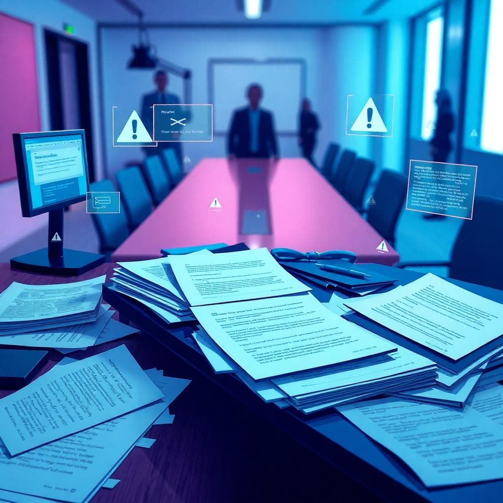 Detect AI-Generated Content (Tools + Techniques That Work) Abstract office scene with glitched documents, distorted emails on screens, and faint warning icons on a desk, with a blurred conference room in the background. Blues, purples, and teals. Image created with AI.