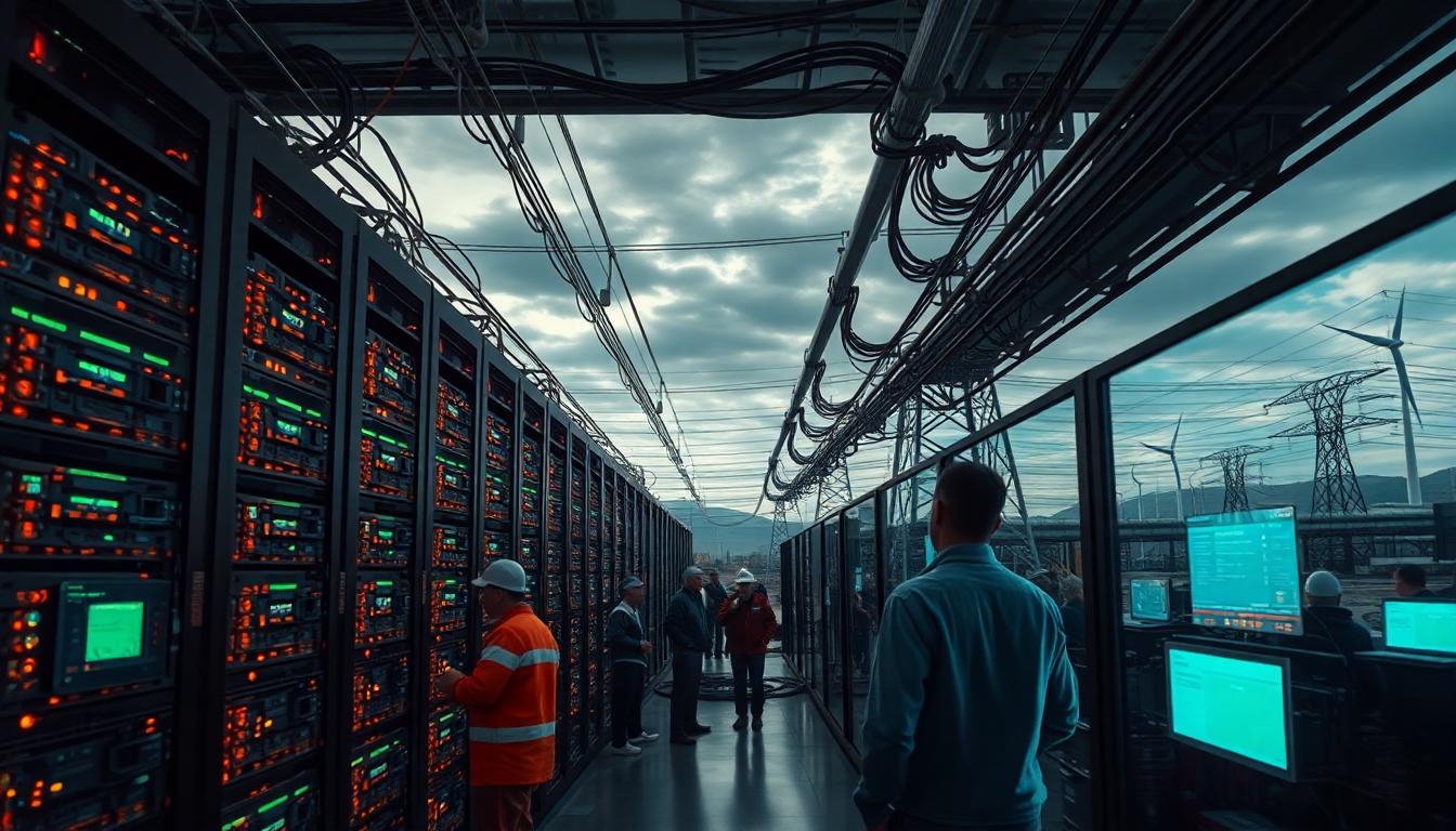 Technicians monitor a power-hungry AI data center connected to wind power lines. Image created with AI.