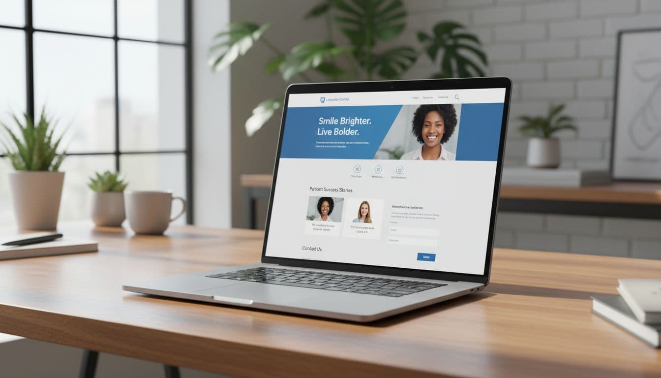 A sleek laptop on a wooden desk in a bright home office displays a modern AI-generated website for a local dental clinic, featuring services, testimonials, and a contact form in blue and white.