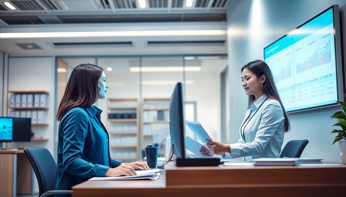 Inside a modern AI assisted consulate office with an AI hologram assistant helping staff process visa documents. Image created with AI.