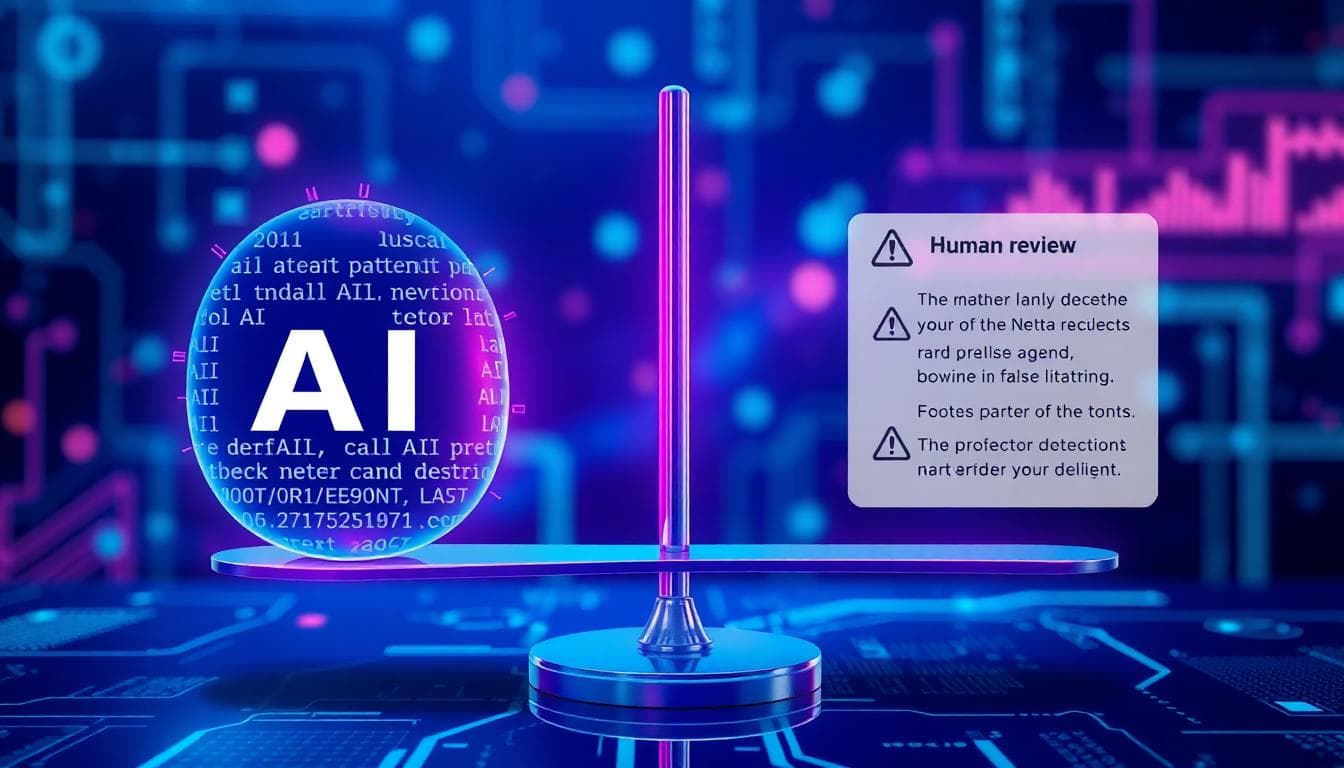 Abstract balance scale with AI text patterns on one side and human review notes on the other, with subtle warning icons and flowing data streams in cool blues, purples, and teals. Image created with AI.