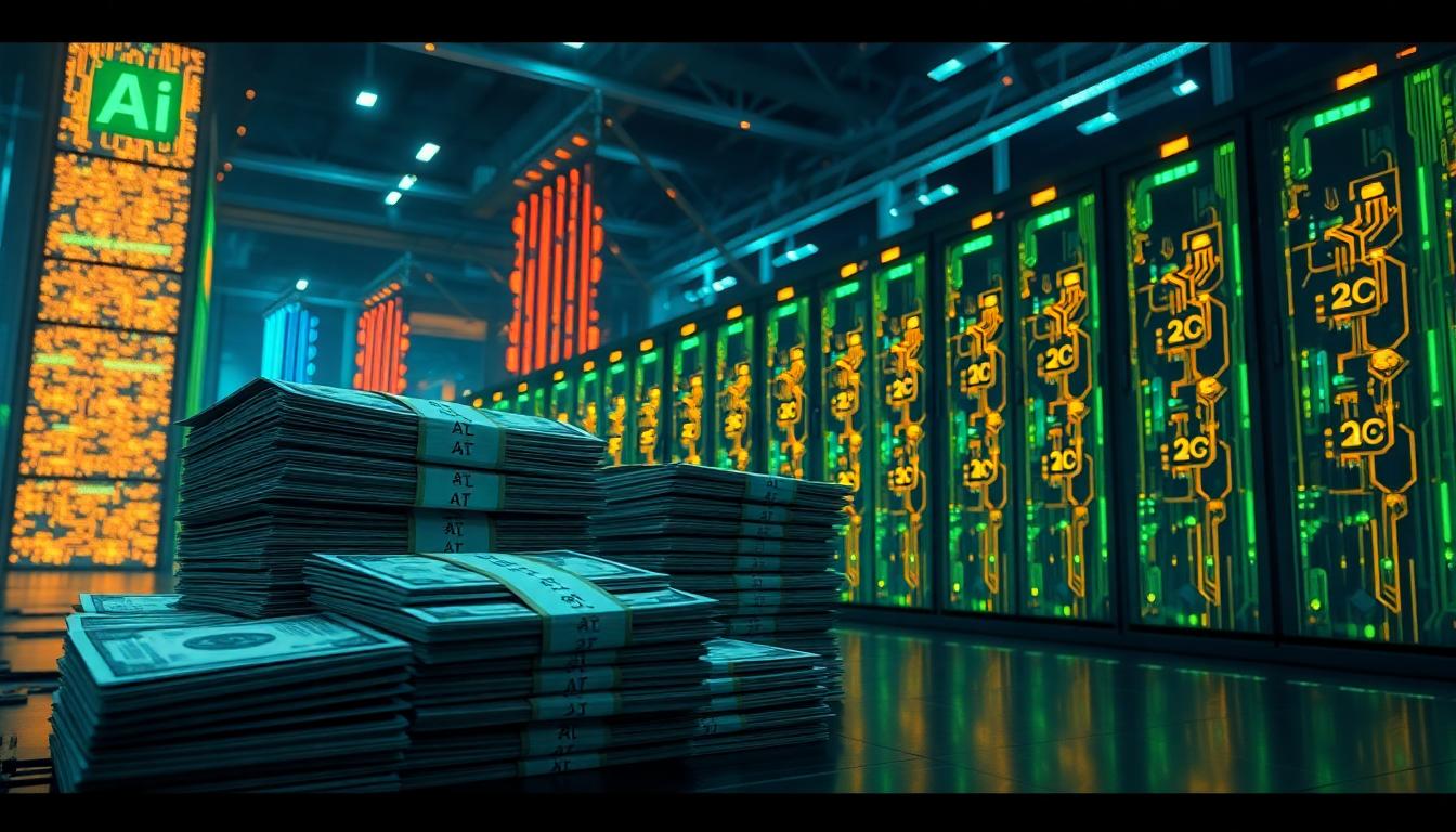 Which Countries Have AI in 2025? (Top Places Powering Smart Tech Worldwide) Stacks of money sit beside glowing AI circuit boards and a row of futuristic data centers. The scene shows how big investments power AI infrastructure. Image created with AI.