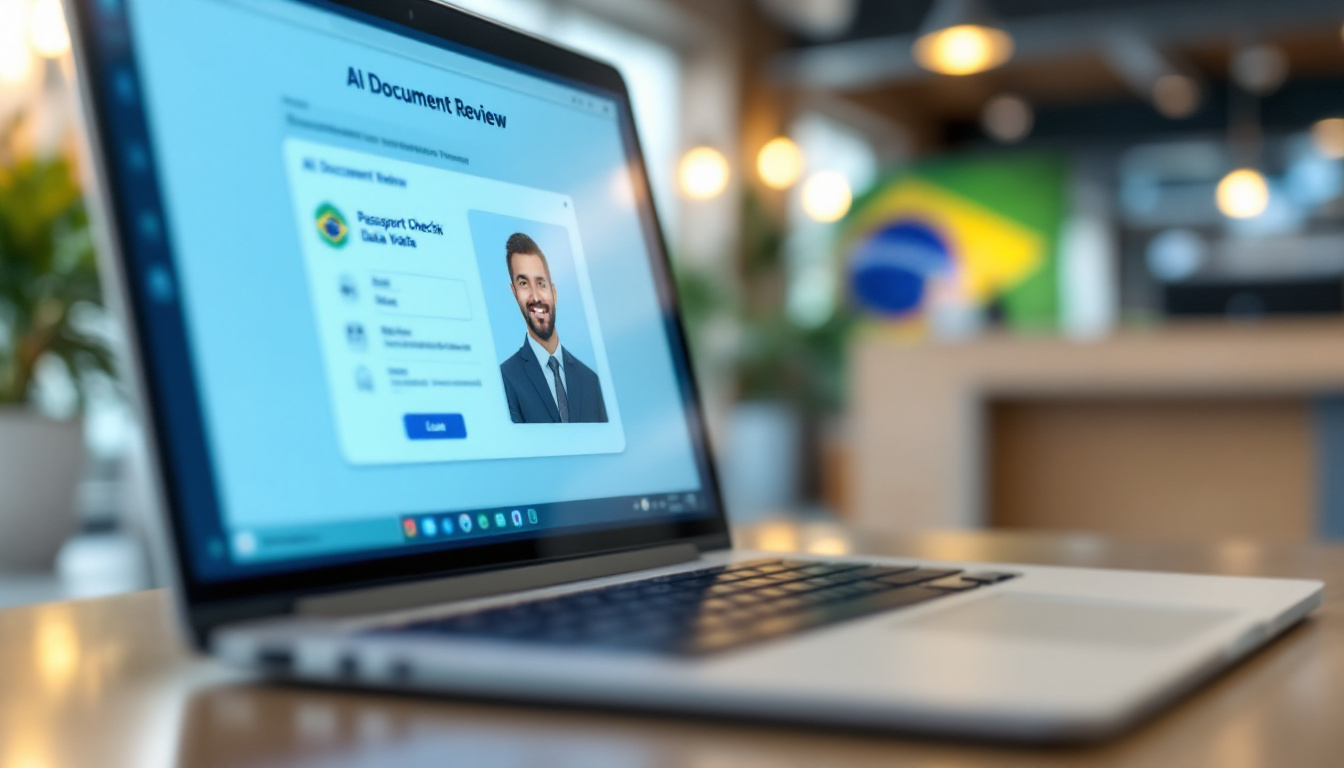AI Consulate General of Brazil: Advancing Diplomacy With Smart Partnerships and Modern Services A laptop at a Brazilian consulate counter displaying an AI tool for passport photo checks and data verification. Image created with AI.