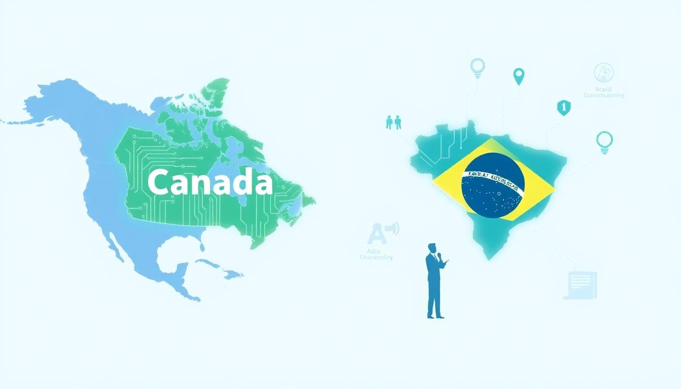 Illustration of AI regulation in Canada and Brazil on a map of the Americas, with icons for ethics, transparency, and policy collaboration. Image created with AI.