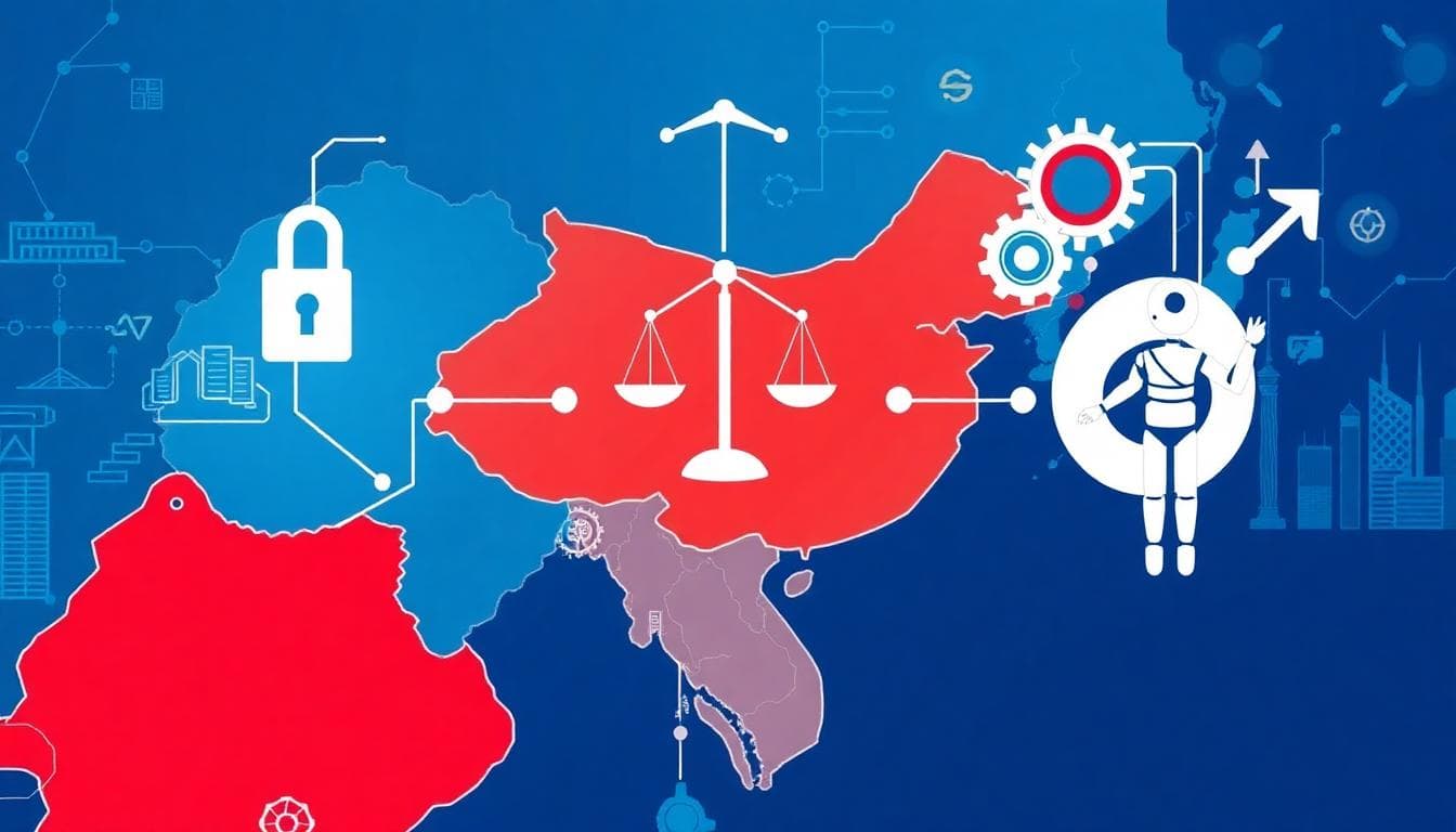 Infographic of AI regulation in East Asia showing China&rsquo;s security focus, Japan&rsquo;s ethical strategy, and South Korea&rsquo;s fairness and safety, set on a map with tech icons. Image created with AI.