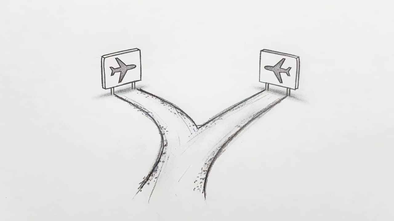 Two distinct charcoal sketches feature airplane icons floating above branching pathways on a stark white background. These simple illustrations highlight directional travel choices and navigation paths between two different terminal locations.