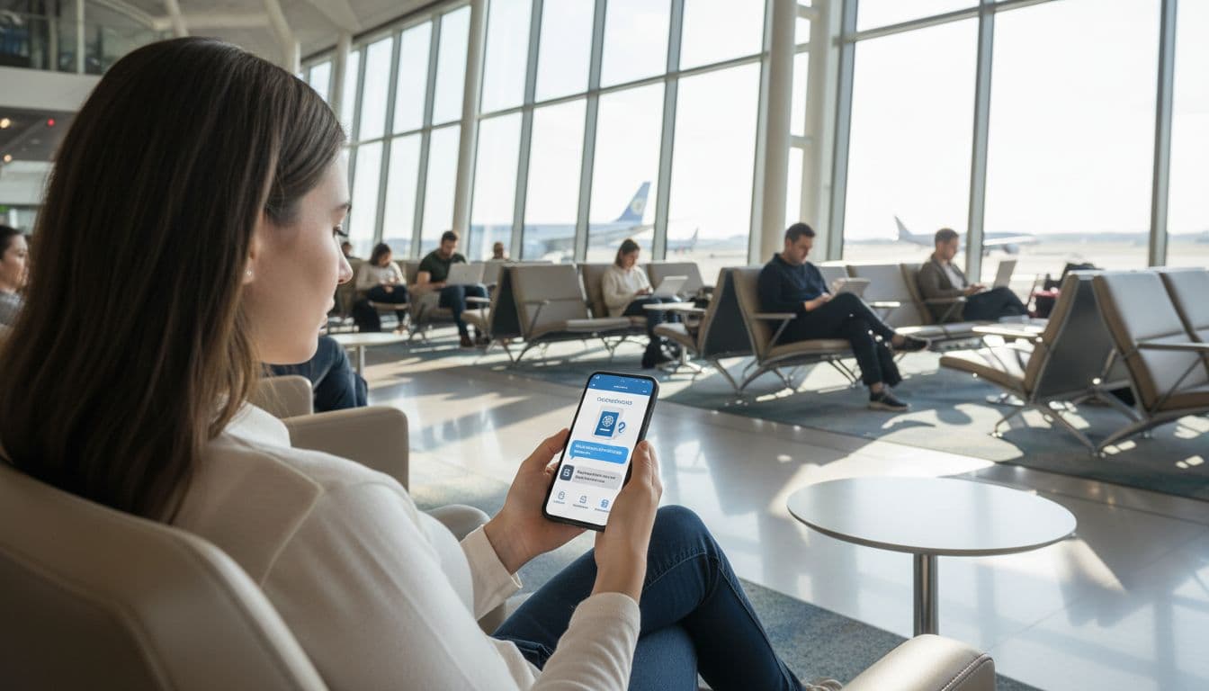 AI Consulates in Action: What You’ll Notice When You Need Help Abroad A traveler sits in a modern airport lounge holding a smartphone with a chatbot interface for visa questions from a consulate website. Busy background with people, flights, and bright natural light from large windows creates a calm, focused atmosphere.