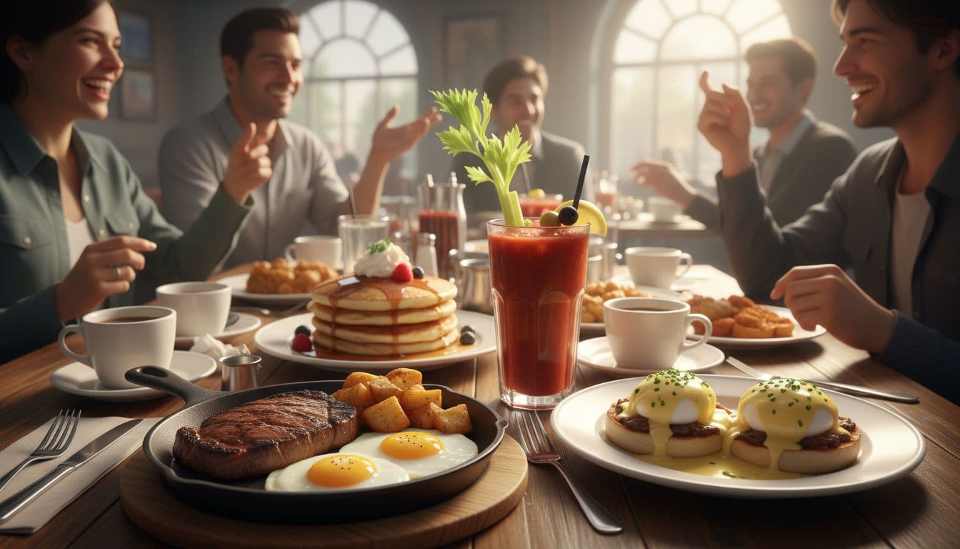 Hearty American brunch spread with steak and eggs, eggs Benedict, crispy potatoes, and a bold Bloody Mary on a lively diner table. Image created with AI.