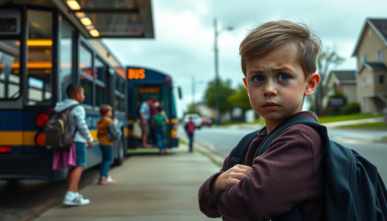 A worried child hesitating at a bus stop on a cloudy morning, clutching a backpack while other kids board the bus