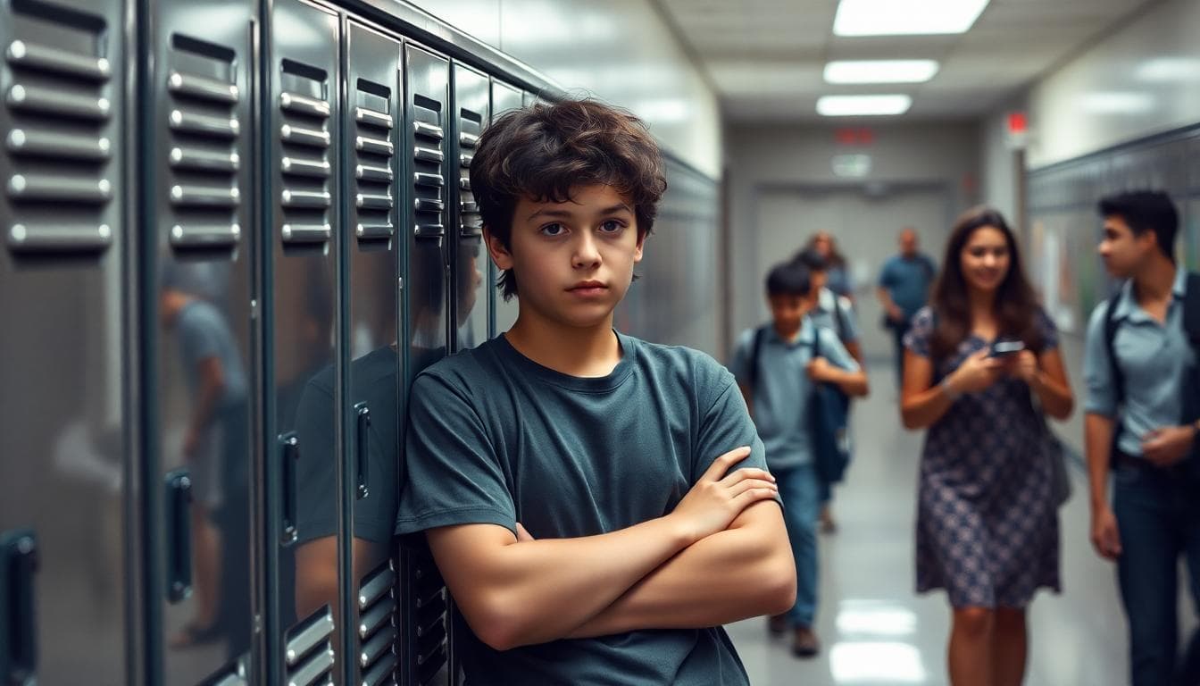 A teen leaning against a school locker, arms crossed, looking tense as peers pass by