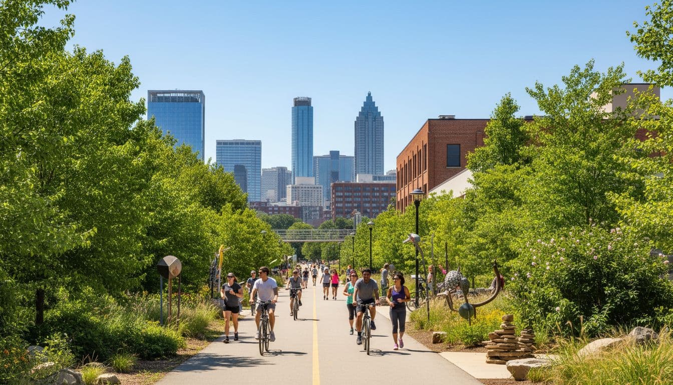 A vibrant, sunny scene on the Atlanta Beltline featuring people walking, jogging, and cycling on a paved multi-use trail lined with lush greenery and public art sculptures, set against an urban backdrop.