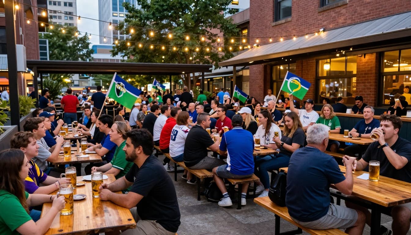 Outdoor beer garden in downtown Atlanta packed with crowds for a soccer watch party, featuring long communal tables with steins of beer and fans in jerseys waving flags under evening string lights.