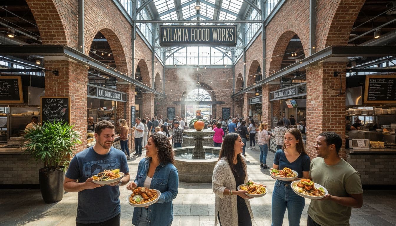 A lively, bustling food market in Atlanta, Georgia, with people enjoying various cuisines, bright natural light, and a mix of historic architecture and modern food stalls. The scene is energetic and inviting, capturing the essence of a vibrant culinary destination.