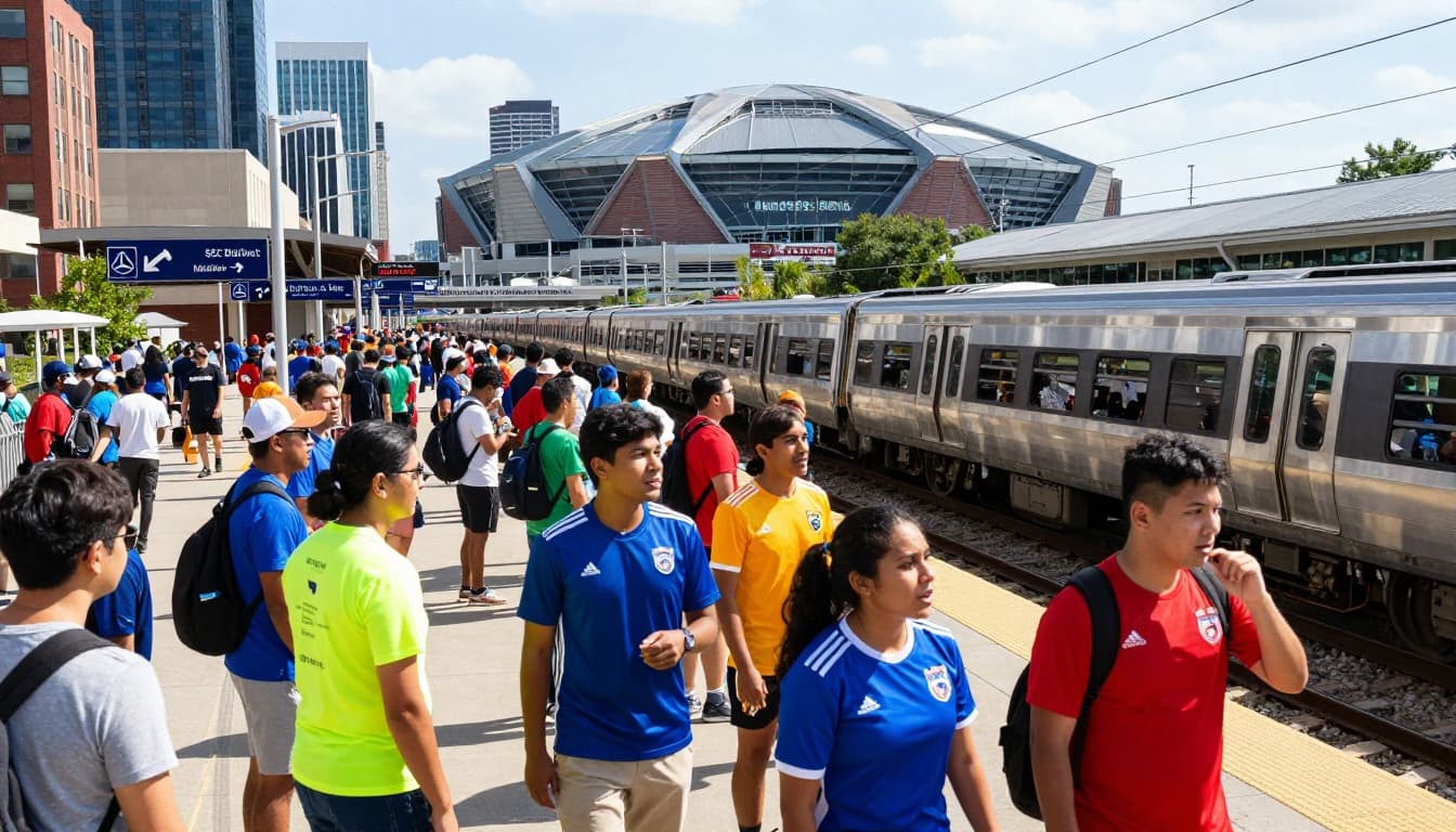 Soccer fans in colorful jerseys wait excitedly for the Blue Line train at Atlanta's SEC District MARTA station on a sunny game day afternoon, with Mercedes-Benz Stadium's dome visible through the urban skyline.