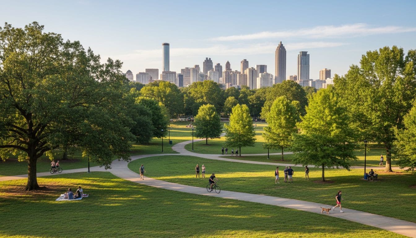 A wide shot of a lush urban park in Atlanta, Georgia, with walking paths, mature trees, and people enjoying picnicking and cycling. The Midtown skyline appears in the background under a clear sky, evoking a peaceful yet active atmosphere.