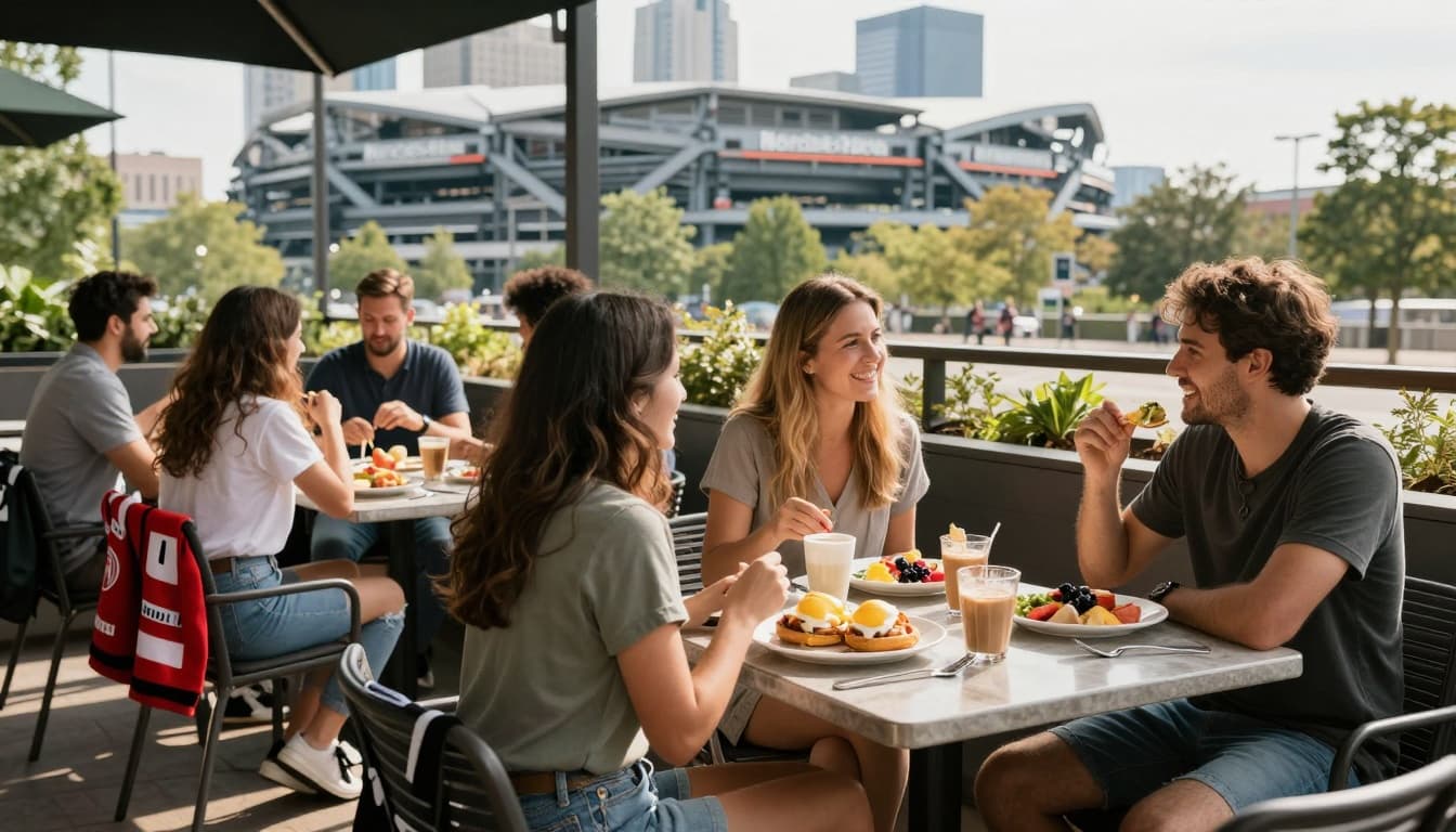Relaxed soccer fans enjoy brunch at a sunny outdoor cafe table near Mercedes-Benz Stadium in downtown Atlanta, featuring eggs benedict, waffles, fresh fruit, and coffee, with soccer scarves and sports bags nearby.