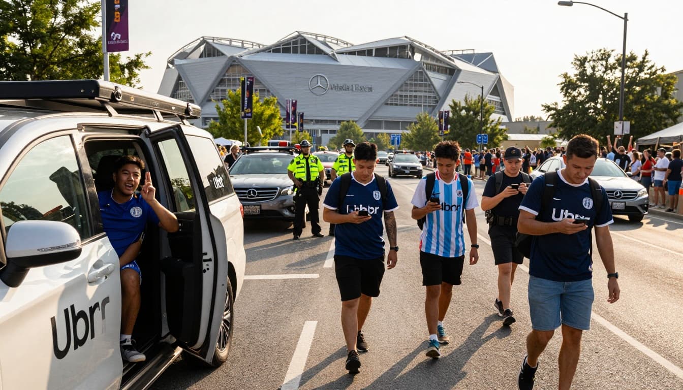 Diverse soccer fans in jerseys and backpacks exit a rideshare car on a busy Atlanta street during game day, with police directing traffic amid street closures and the Mercedes-Benz Stadium dome visible in the distance under golden hour sunlight.