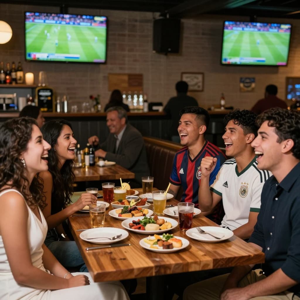 Cozy semi-private section in an Atlanta sports bar reserved for a wedding group watching FIFA World Cup on TV, with wooden tables of appetizers and drinks, people in semi-formal attire and jerseys laughing and cheering under warm dim lighting.
