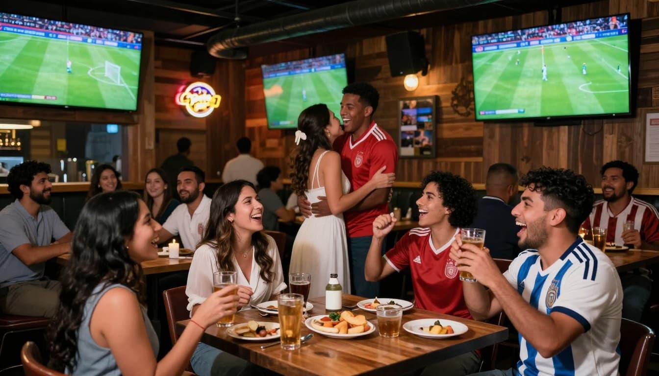 A diverse wedding group of about 15 people in semi-formal attire mixed with team jerseys watches a FIFA World Cup match on big screens in a lively Atlanta sports bar. Foreground shows friends cheering with drinks and appetizers, background features multiple TVs with soccer action and a wooden bar under dim warm lighting.
