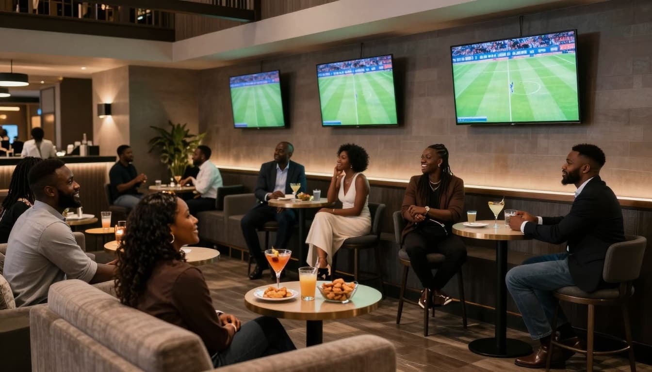 Relaxed group of wedding guests in an upscale Atlanta hotel lobby bar watches a FIFA soccer match on wall-mounted TVs amid casual seating, cocktails, snacks, and soft ambient lighting.