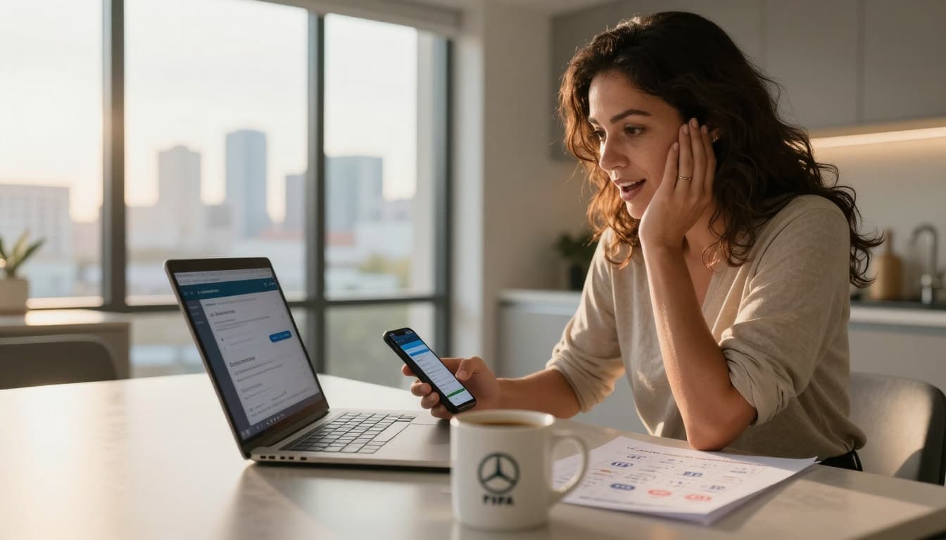 A confident woman in her mid-30s sits at a sunlit kitchen table in a modern Atlanta apartment, her laptop showing a ticket alert, FIFA calendar with circled matches, and smartphone with email confirmation, as she excitedly plans her World Cup adventure.