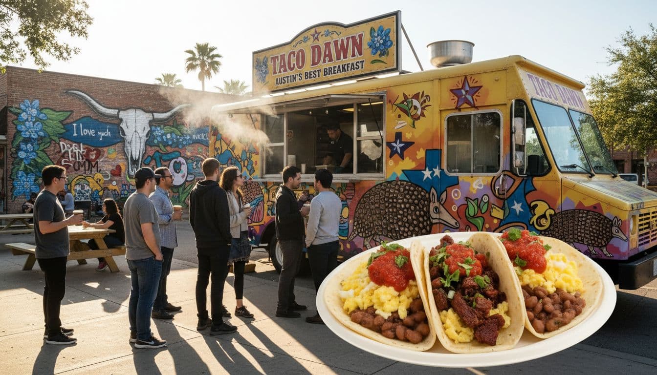 Austin breakfast taco food truck scene under sunny skies, with people in line and fresh tacos on a plate. Image created with AI.