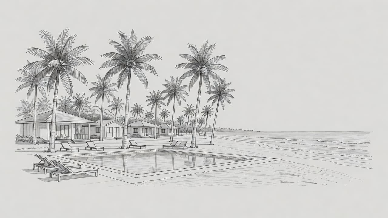 A minimalist graphite sketch on textured light gray paper displays a tropical swimming pool bordered by swaying palm trees. Gentle linework creates an inviting atmosphere for a peaceful seaside vacation retreat.